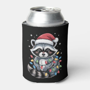 Christmas Racoon Santa Hat String Lights Winter Can Cooler