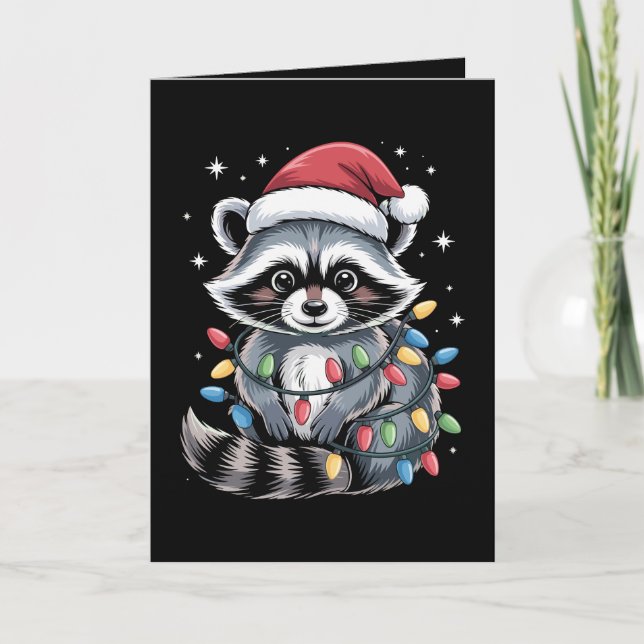 Christmas Racoon Santa Hat String Lights Winter Card (Front)