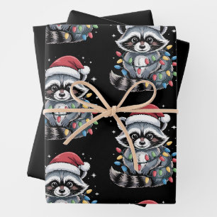 Christmas Racoon Santa Hat String Lights Winter Wrapping Paper Sheet