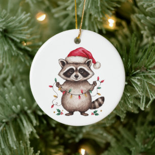 Christmas Racoon Santa Hat Xmas Lights Holiday Ceramic Tree Decoration