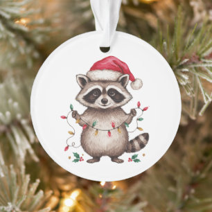 Christmas Racoon Santa Hat Xmas Lights Holiday Ornament