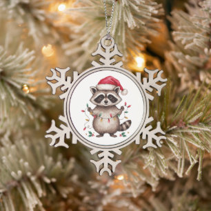 Christmas Racoon Santa Hat Xmas Lights Holiday Snowflake Pewter Christmas Ornament