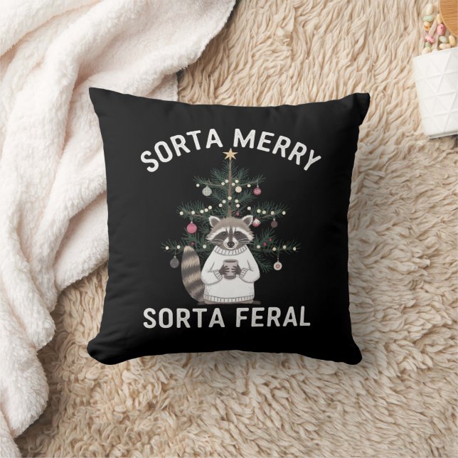 Christmas Racoon Sorta Merry Sorta Feral Xmas Cushion (Blanket)