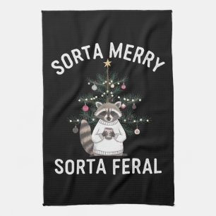 Christmas Racoon Sorta Merry Sorta Feral Xmas Tea Towel