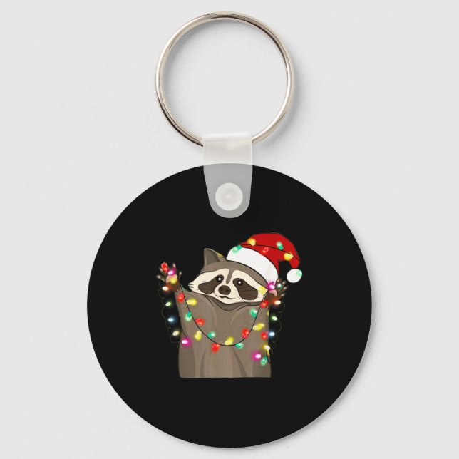 Christmas Racoon Swea,funny Christmas Lights Racco Key Ring (Front)