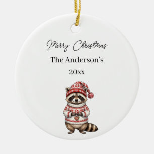 Christmas Racoon Watercolor Family Ceramic Tree Decoration