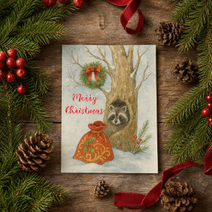 Christmas Racoon Watercolor Kids Holiday Card