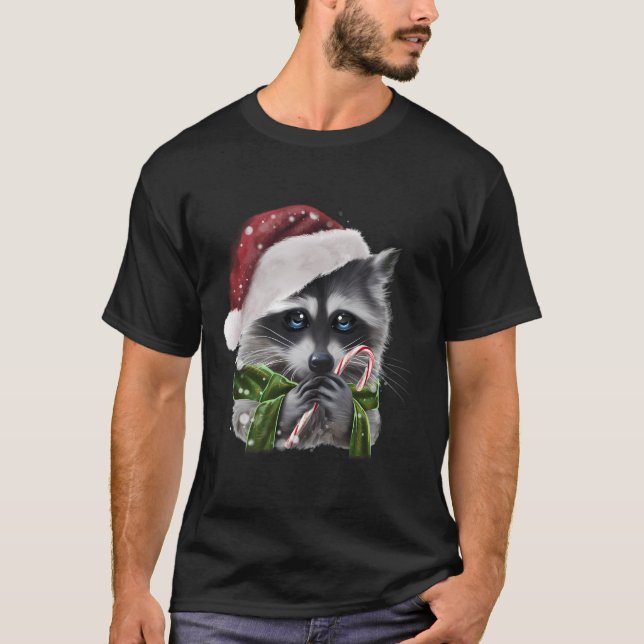 Christmas Racoon With Candy Cane Graphic T-Shirt (Front)