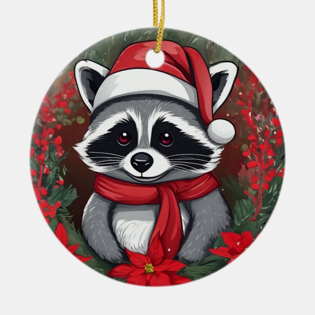 Christmas Racoon With Poinsettias Santa Hat Ceramic Tree Decoration (Front)