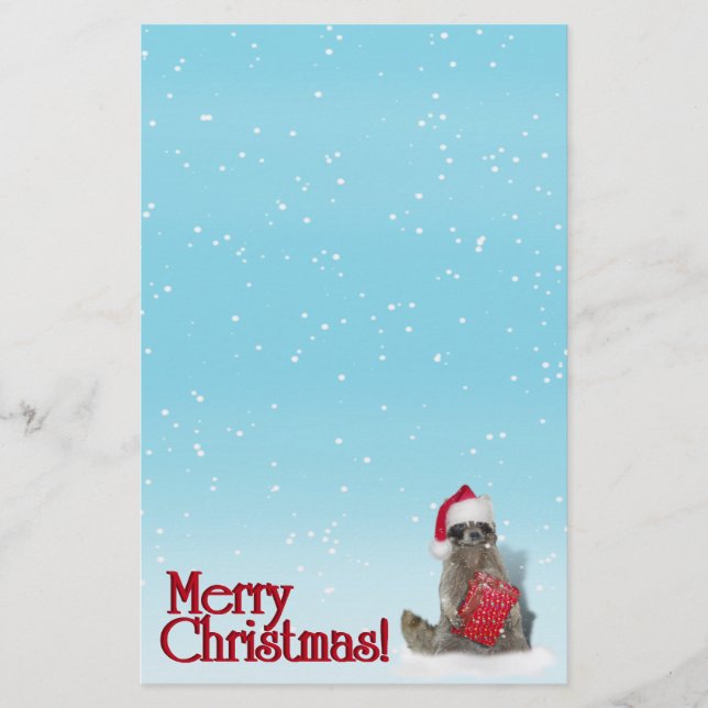 Christmas Racoon with Present Stationery (Front)