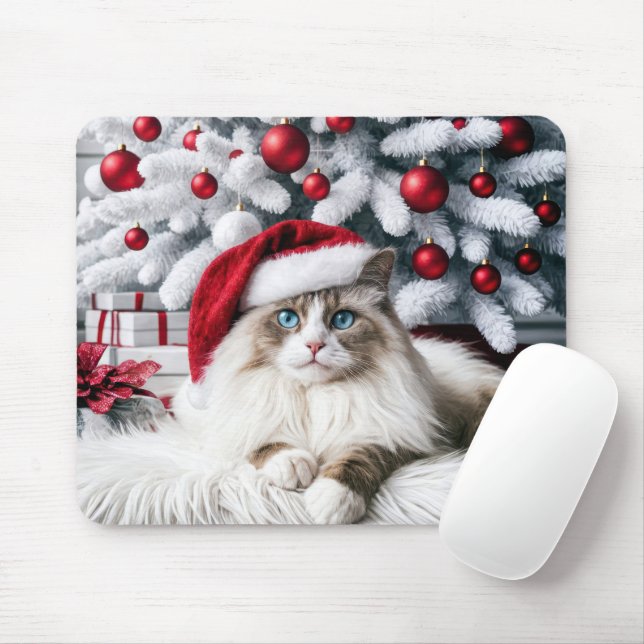 Christmas Ragdoll Cat In a Santa Hat Mouse Mat (With Mouse)