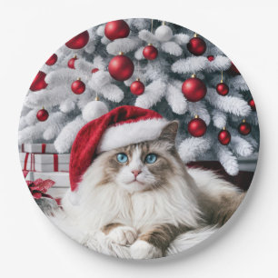 Christmas Ragdoll Cat In a Santa Hat Paper Plate
