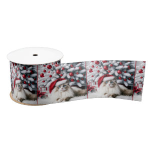 Christmas Ragdoll Cat In a Santa Hat Satin Ribbon