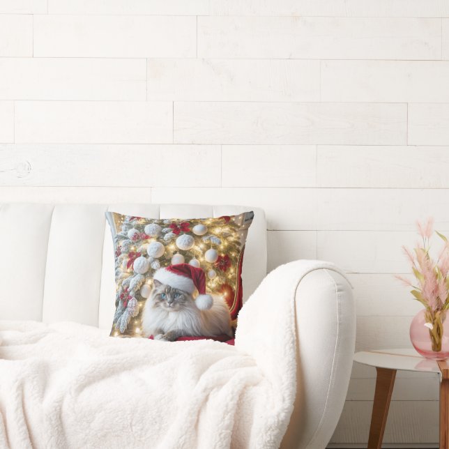 Christmas Ragdoll Cat On Red Vintage Chair Cushion (Couch)