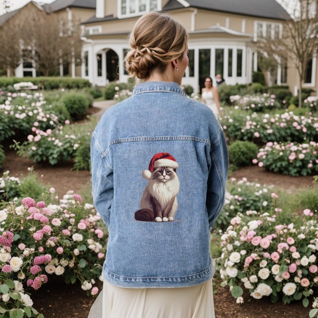 Christmas Ragdoll cat, Xmas Santa Ragdoll kitten Denim Jacket (Wedding Back)