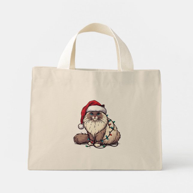 Christmas Ragdoll cat, Xmas Santa Ragdoll kitten Mini Tote Bag (Back)