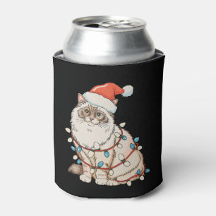 Christmas Ragdoll Cute Cat Santa Hat Xmas Lights Can Cooler