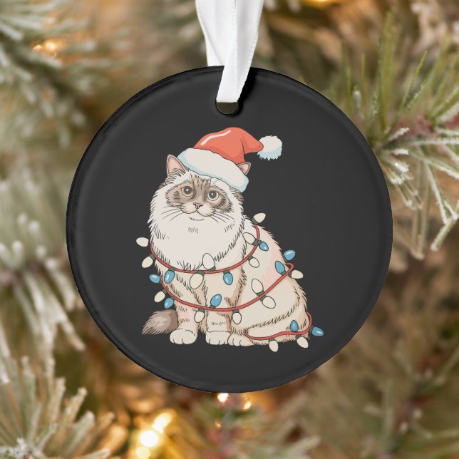 Christmas Ragdoll Cute Cat Santa Hat Xmas Lights Ornament (Tree)