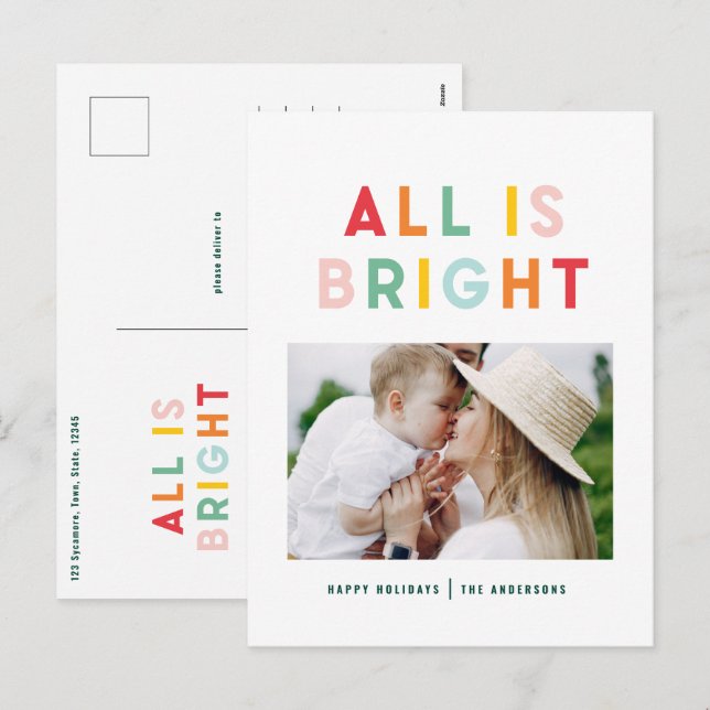 Christmas rainbow colourful bright 1 photo family holiday postcard (Front/Back)