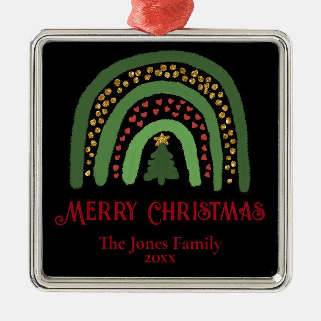 Christmas rainbow glitter red green personalise metal tree decoration (Front)