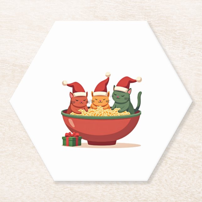 Christmas Ramen Cat Santa Anime Meow Kitty Meow Ca Paper Coaster (Front)