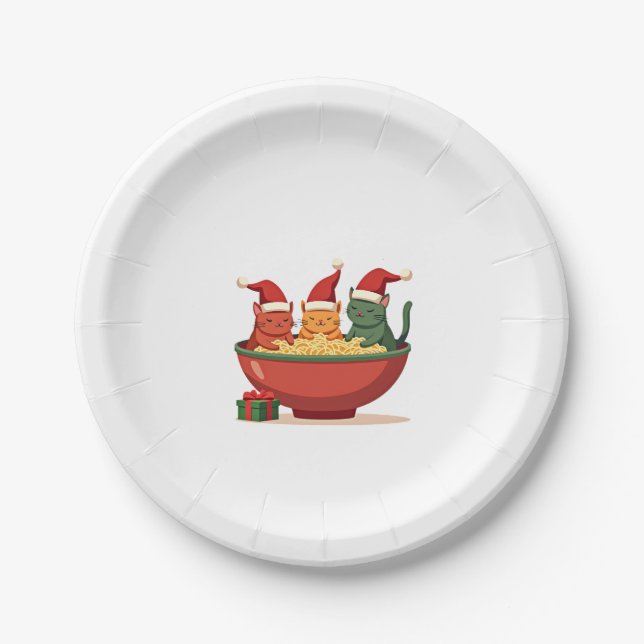 Christmas Ramen Cat Santa Anime Meow Kitty Meow Ca Paper Plate (Front)