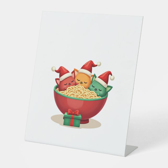 Christmas Ramen Cat Santa Anime Meow Kitty Meow Ca Pedestal Sign (Front)