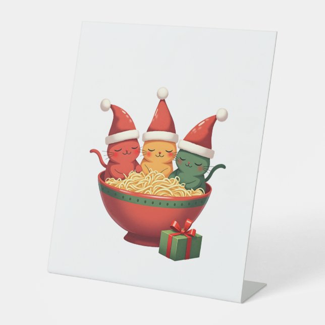 Christmas Ramen Cat Santa Anime Meow Kitty Meow Ca Pedestal Sign (Front)