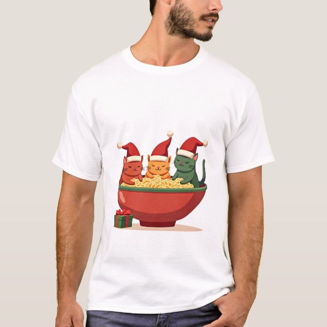 Christmas Ramen Cat Santa Anime Meow Kitty Meow Ca T-Shirt (Front)