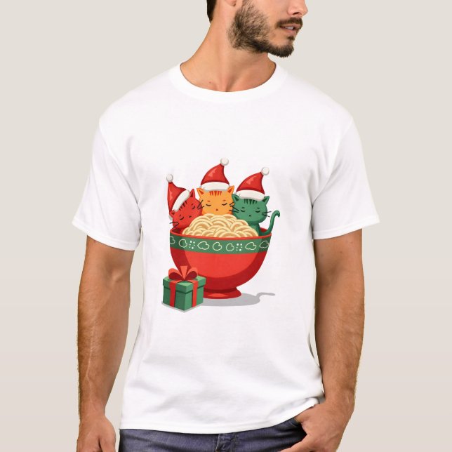 Christmas Ramen Cat Santa Anime Meow Kitty Meow Ca T-Shirt (Front)