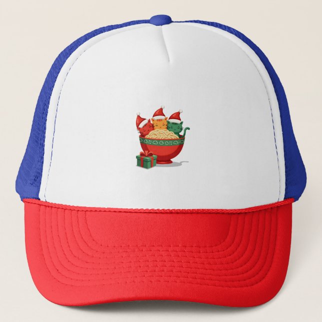 Christmas Ramen Cat Santa Anime Meow Kitty Meow Ca Trucker Hat (Front)