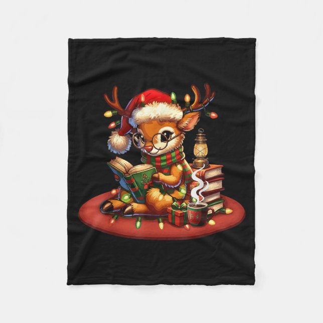 Christmas Reading Book Lovers Bookworm Coffee Rein Fleece Blanket (Front)