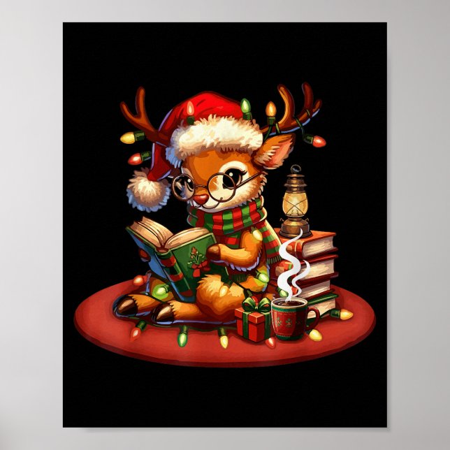Christmas Reading Book Lovers Bookworm Coffee Rein Poster (Front)