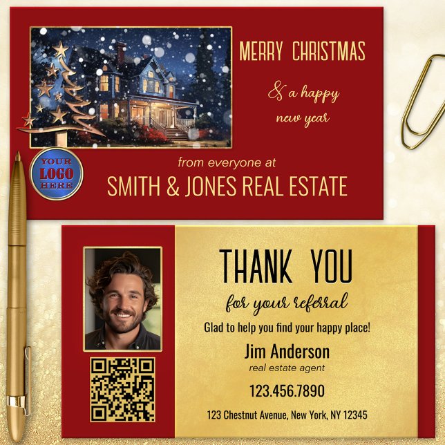 Christmas Real Estate QR Code Referral Card (Red gold Christmas referral business card featuring a cozy house and your photo with QR code)