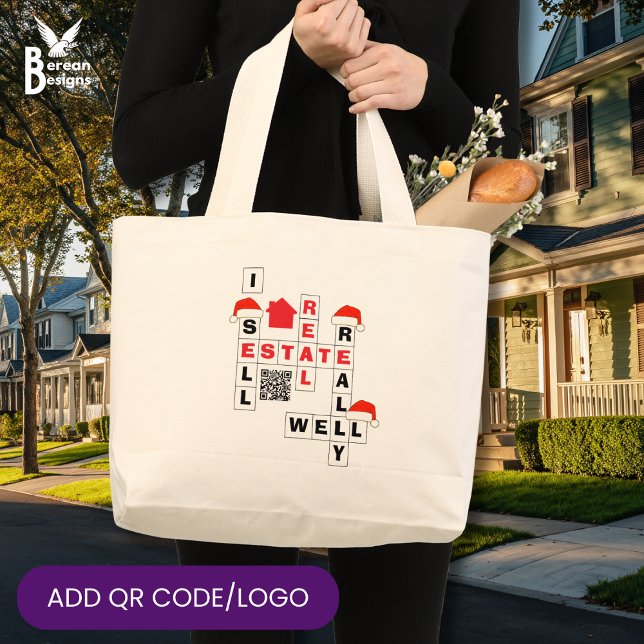 CHRISTMAS Real Estate SELL REALLY WELL QR Realtor Large Tote Bag (Fun I SELL REAL ESTATE REALLY WELL Christmas tote bag gift for realtors. Incl custom QR code/logo)