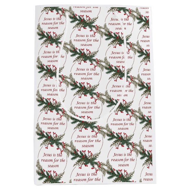 Christmas Reason for Season Holly Berry Wreath Medium Gift Bag (Front)
