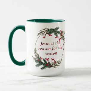 Christmas Reason for Season Holly Berry Wreath Mug