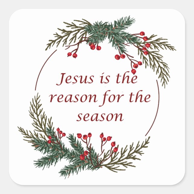 Christmas Reason for Season Holly Berry Wreath Square Sticker (Front)