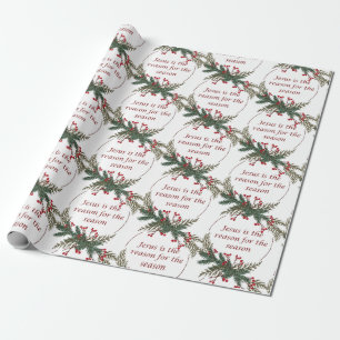 Christmas Reason for Season Holly Berry Wreath Wrapping Paper