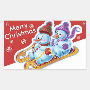 Christmas rectangular sticker Snowmen Snow sports.