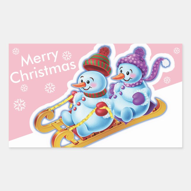 Christmas rectangular sticker Snowmen Snow sports. (Front)