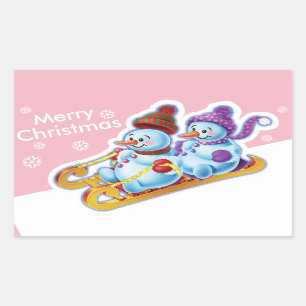 Christmas rectangular sticker Snowmen Snow sports.