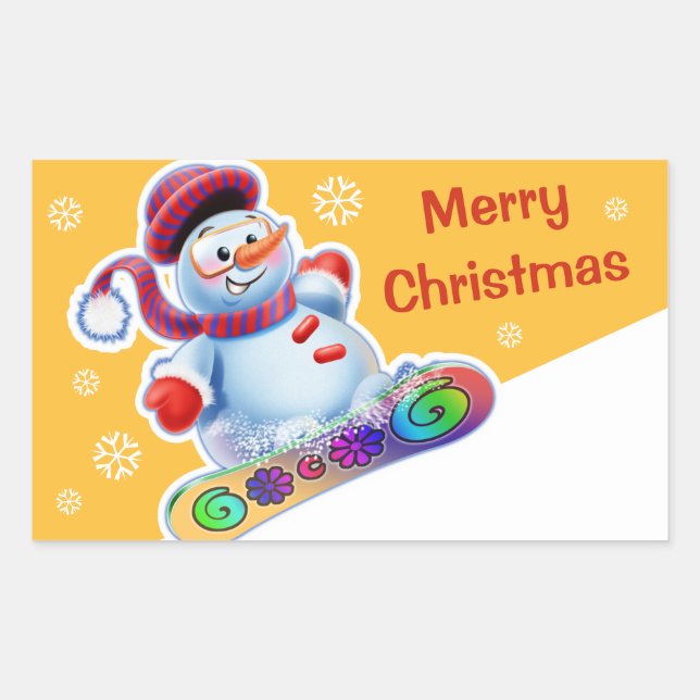 Christmas rectangular sticker Snowmen Snow sports. (Front)