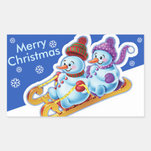 Christmas rectangular sticker Snowmen Snow sports.