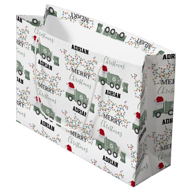 Christmas Recycling Garbage Truck Custom Name  Large Gift Bag (Front Angled)