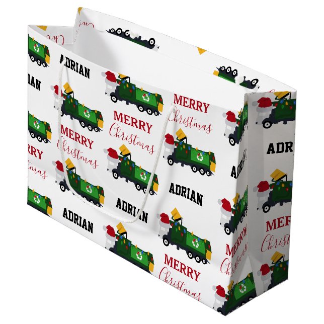 Christmas Recycling Garbage Truck Custom Name  Large Gift Bag (Front Angled)