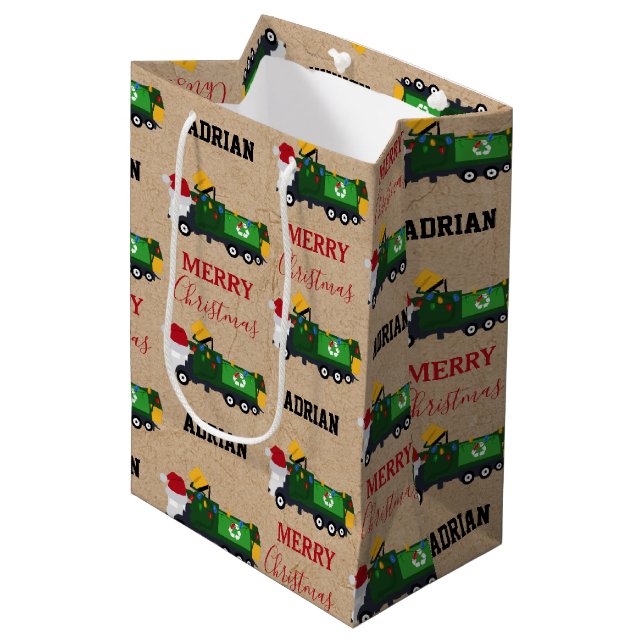 Christmas Recycling Garbage Truck Custom Name Medium Gift Bag (Front Angled)