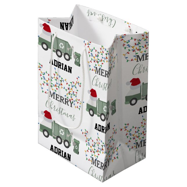 Christmas Recycling Garbage Truck Custom Name  Medium Gift Bag (Front Angled)