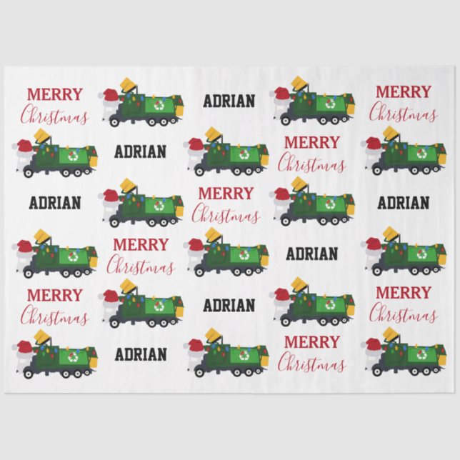 Christmas Recycling Garbage Truck Custom Name  Tissue Paper (Front)