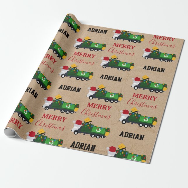 Christmas Recycling Garbage Truck Custom Name  Wrapping Paper (Unrolled)